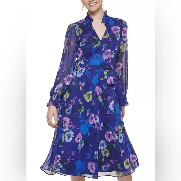 Jessica Howard NWT Blue and Pink Long Sleeve V-Neck Sundress Size 18W - Picture 1 of 10